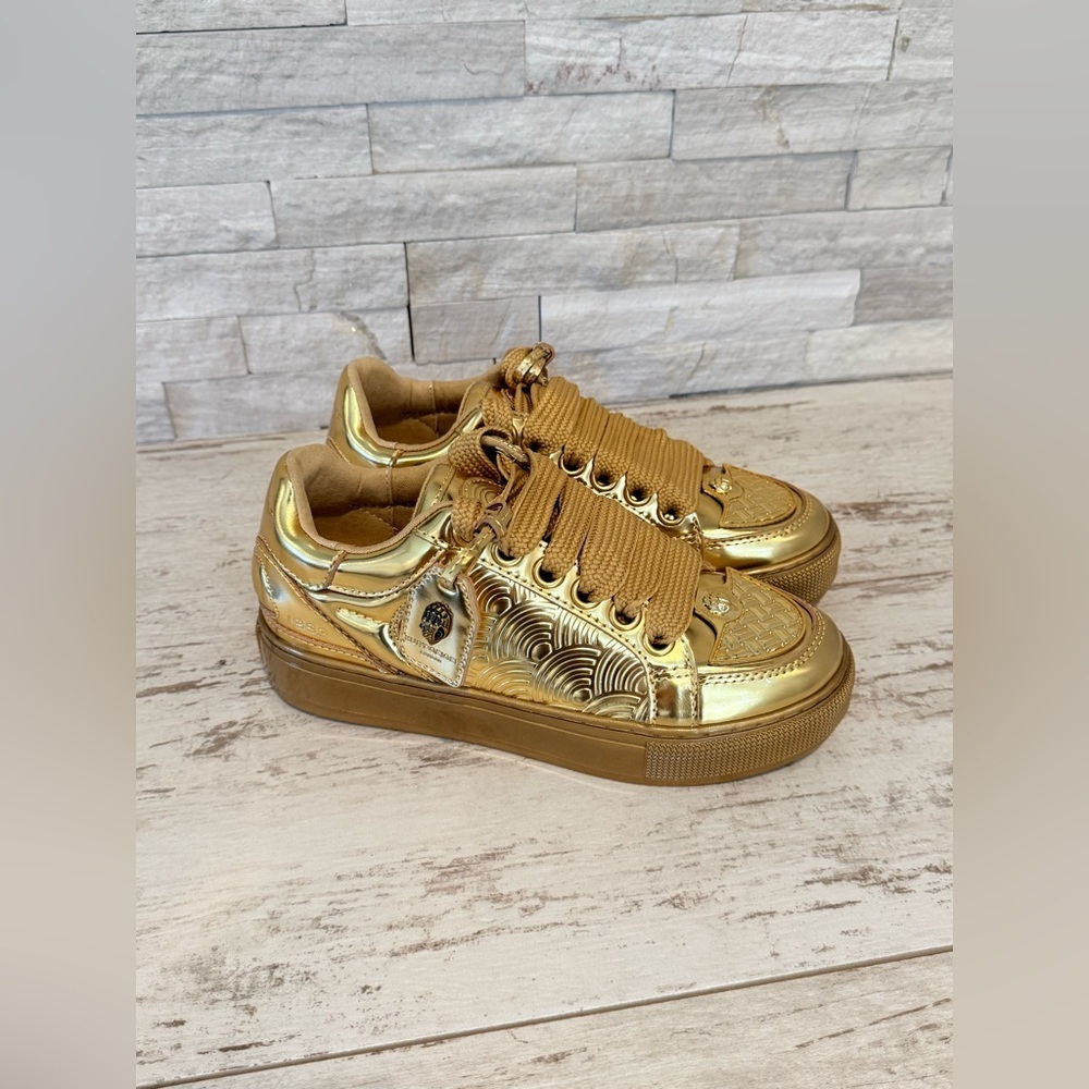 Kurt Geiger London Women's Southbank Tag Gold Metallic Platform Sneakers NEW